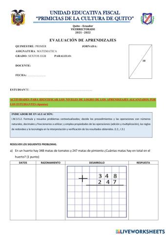 Examen primer quimestre matematica
