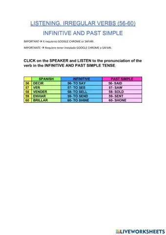 11-IRREGULAR VERBS. INFINITIVE - PAST SIMPLE. LISTENING. 56-60