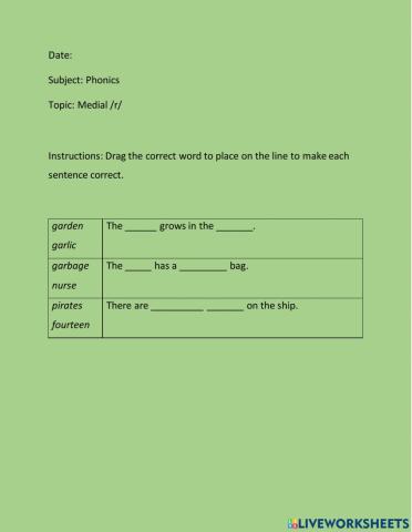 Medial -r- worksheet