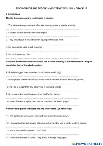 Revision for the second - mid term test ( n05) – grade 10