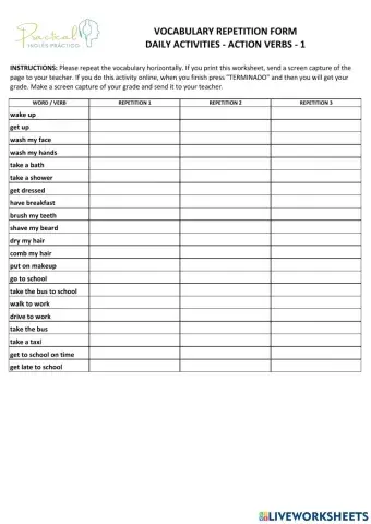 Vocabulary repetition form - daily activities - part 1
