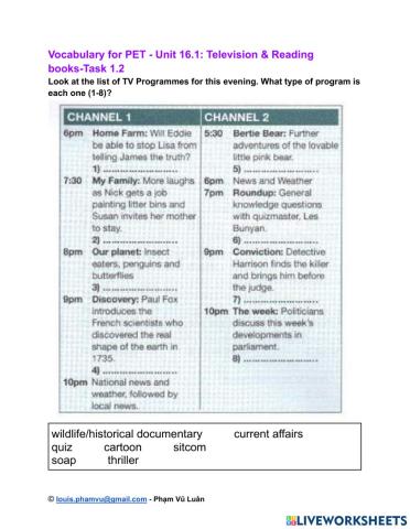 Vocabulary for PET - Unit 16.1: Television & Reading books-Task 1.2