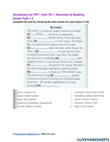 Vocabulary for PET - Unit 16.1: Television & Reading books-Task 1.3