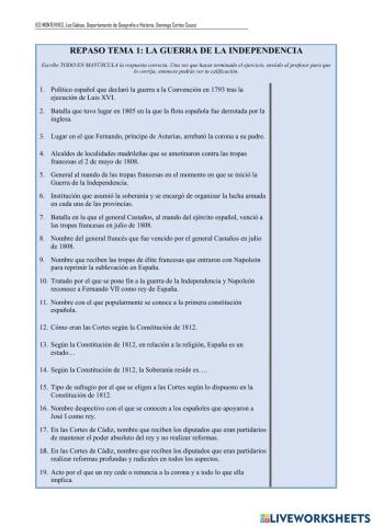 Repaso Tema 1: GUERRA DE LA INDEPENDENCIA Y CORTES DE CÁDIZ