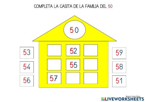 Completa la casita con los números de la familia del 50