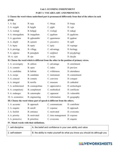 Unit 3. ECOMING INDEPENDENT  PART 1: VOCABULARY AND PHONETICS