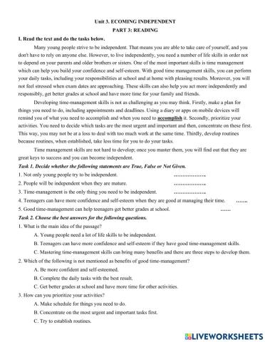 Unit 3. ECOMING INDEPENDENT  PART 3: READING