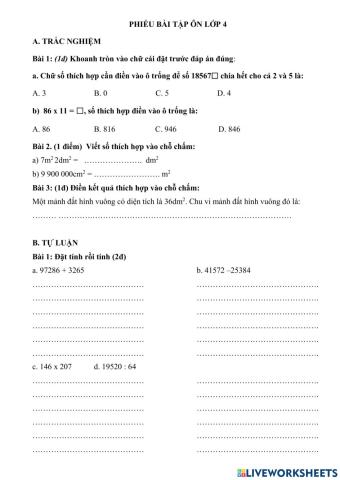 Phiếu ôn toán lớp 4