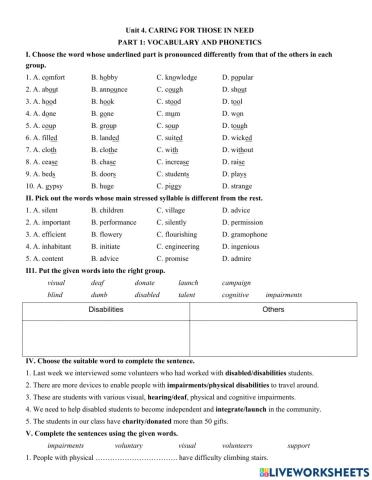 Unit 4. CARING FOR THOSE IN NEED  PART 1: VOCABULARY AND PHONETICS