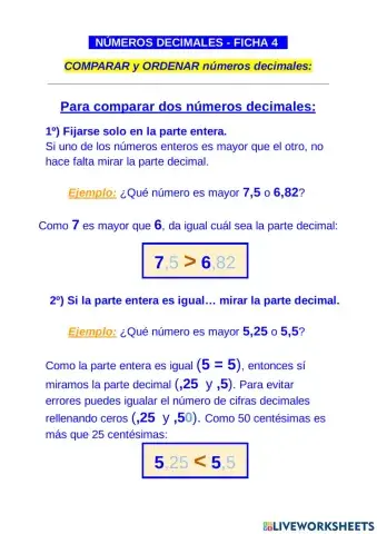 Comparar y ordenar números decimales