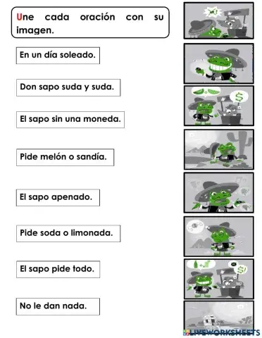 Unir oraciones con imágenes cuento El sapo suda