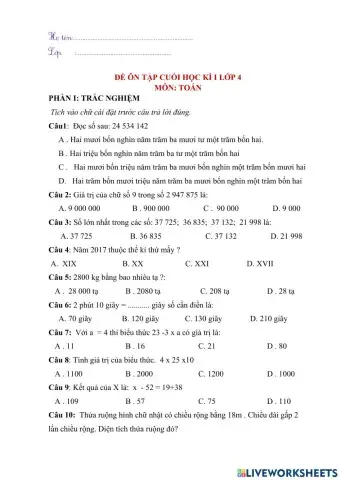 Đề ôn toán lớp 4 đề 1