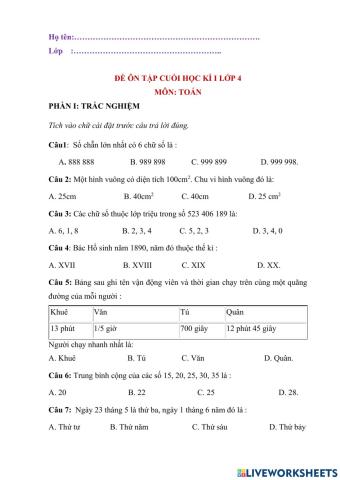 Đề ôn toán lớp 4 đề 2