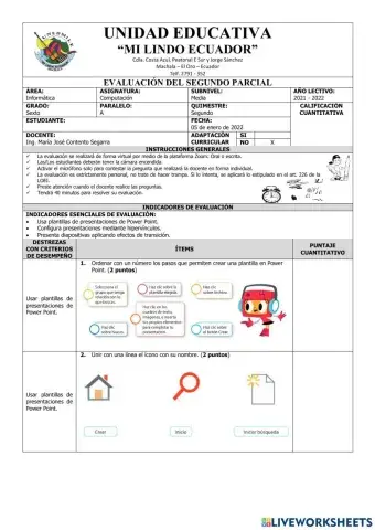 Evaluación de Computación de Sexto Grado del Segundo Parcial del Segundo Quimestre