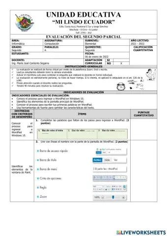 Evaluación de Computación de Segundo Grado del Segundo Parcial del Segundo Quimestre