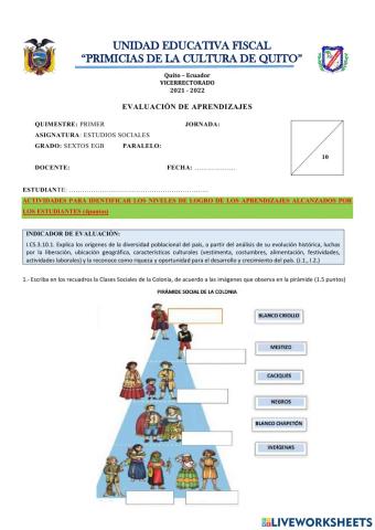 EVALUACIÓN DE APRENDIZAJE  PRIMER QUIMESTRE  estudios sociales