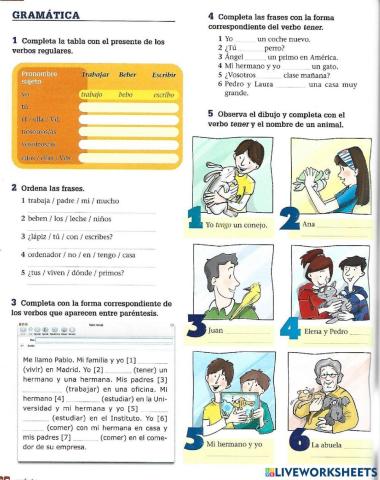 Verbo tener, escribir, vivir, comer