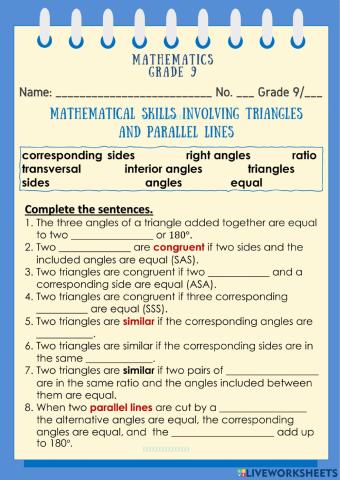 Mathematical Skills Involving Triangles and Parallel Lines