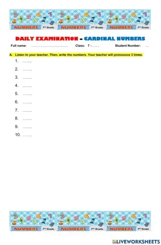 Daily examination (uh)-cardinal numbers (listening)