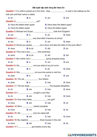 Bài luyện tập cách dùng Be Have Do