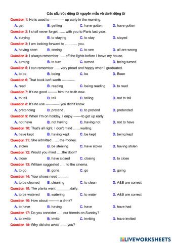 Các cấu trúc động từ nguyên mẫu và danh động từ