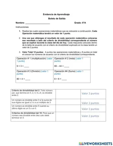 Ficha de prueba de Criterios de Divisibilidad