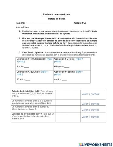 Ficha de prueba de Criterios de Divisibilidad
