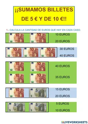 Sumas de billetes de 5 y 10 euros