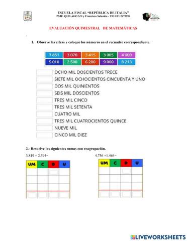 Evaluación del primer quimestre matemáticas 5to