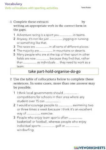 Verb collocations with sporting activities
