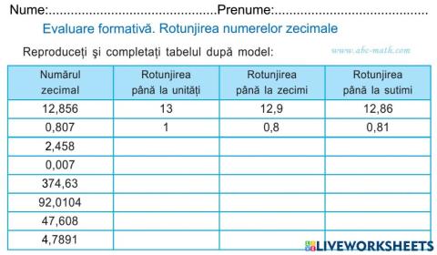 Evaluare formativă. Numere zecimale