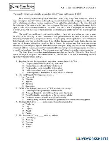 Post Test Intensif ENGLISH 3