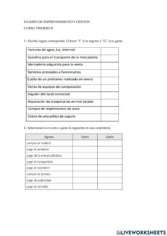 Examen quimestral de emprendimiento primero b
