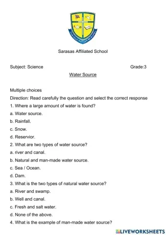 Unit 6 Water source Worksheet 1