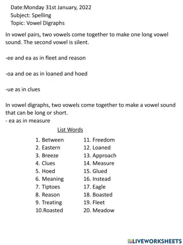 Vowel Pairs- Digraphs