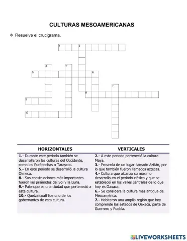 Crucigrama culturas mesoamericanas.