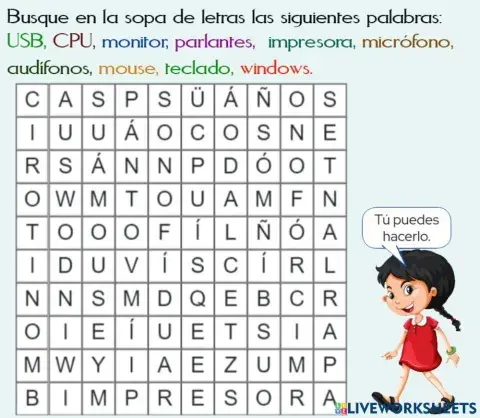 Sopa de letras: palabras relacionadas con la computadora.