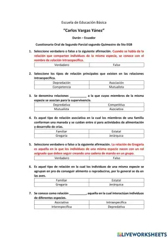 Cuestionario (Relaciones Intraespecíficas e Interespecíficas y Ecosistemas)