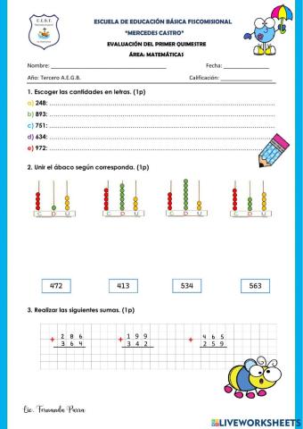 Evaluación QUIMESTRAL de Matemáticas