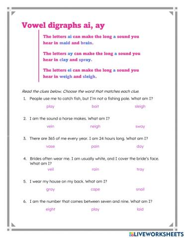 Vowel digraphs ai, ay, ei