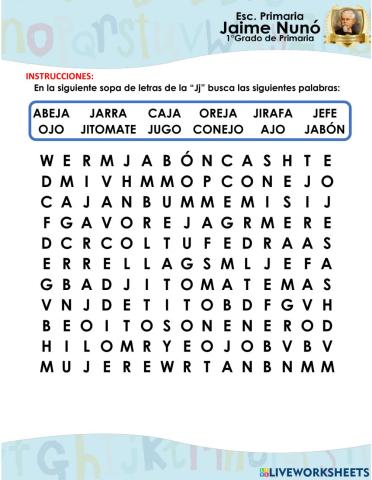 Sopa de letras, de la letra Jj