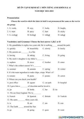 Đề ôn tập ĐK 1 môn Tiếng Anh khối D&A1 số 002