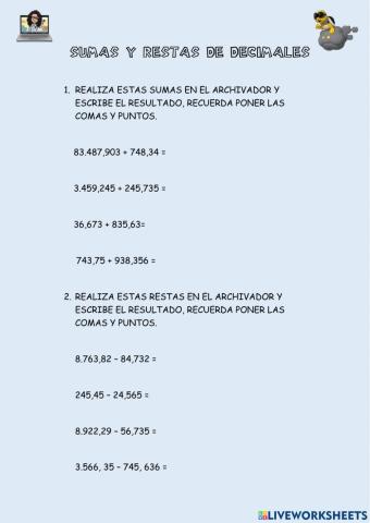 Sumas y restas de decimales