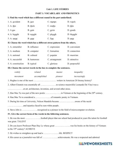 Unit 1. LIFE STORIES  PART 1: VOCABULARY AND PHONETICS