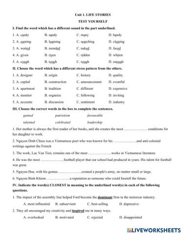 Unit 1. LIFE STORIES  TEST YOURSELF