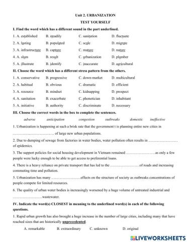 Unit 2. URBANIZATION  TEST YOURSELF