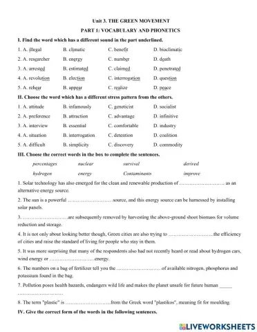 Unit 3. THE GREEN MOVEMENT  PART 1: VOCABULARY AND PHONETICS
