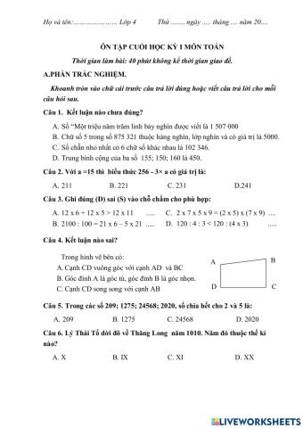 Ôn tập hk i - môn toán 4