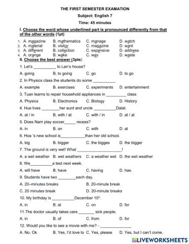 Grade 7 - final term 1 - test 1