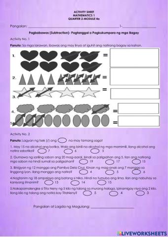 Pagbabawas (Subtraction)- Pagtanggal o Pagkukumpara ng mga Bagay